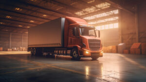 Modern truck filled with shipping boxes in a warehouse bay. Generative Ai